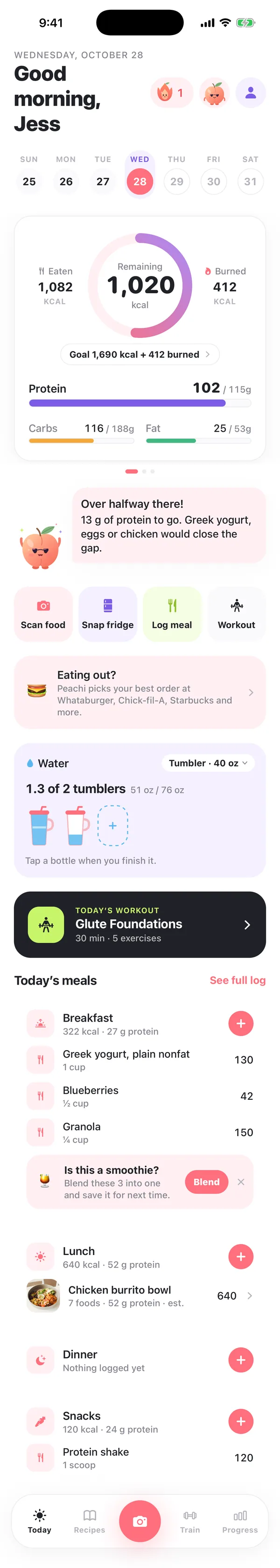 Peachi Today screen: calorie ring and macros, Peachi’s tip, quick actions, water, today’s workout and meals
